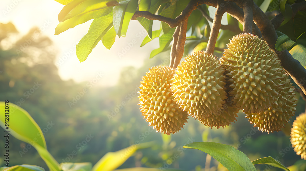 Several large, spiky durian fruits hang from a branch on a durian tree, bathed in warm sunlight. Several large, spiky durian fruits hang from a branch on a durian tree, bathed in warm sunlight.