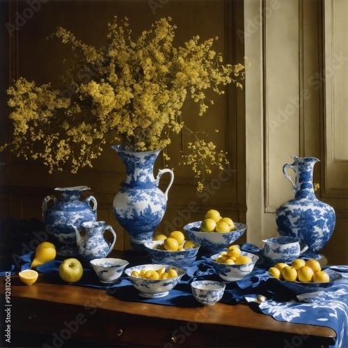 Dark blue still life with beautiful yellow folwers photo