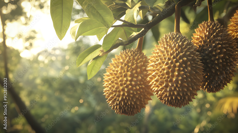 Several large durian fruits hang from a branch on a durian tree, bathed in warm sunlight. Several large durian fruits hang from a branch on a durian tree, bathed in warm sunlight.