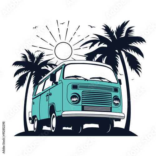 Summer vibes surfing camper van vector illustration for t-shirt, patch, sticker print