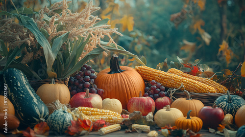 Photography of a bountiful harvest spread on a table, including pumpkins, corn, apples, and squash, representing the abundance of the season for Thanksgiving Festival 