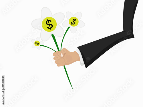 Businessman investor hand holding money flower plant