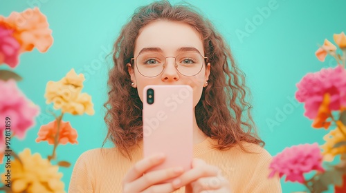 A woman wearing glasses captures a vibrant selfie surrounded by colorful flowers, showcasing a playful and cheerful atmosphere.