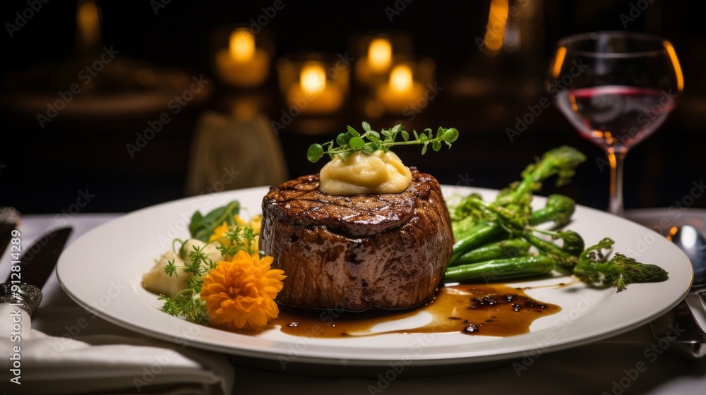 photo of Gourmet Steak Dinner with Roasted Vegetables and Wine in Elegant Restaurant Setting with Candlelight Ambiance photo of Gourmet Steak Dinner with Roasted Vegetables and Wine in Elegant Restaurant Setting with Candlelight Ambiance