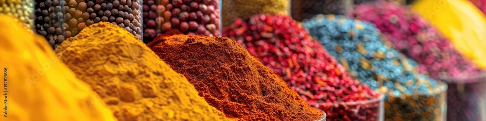 Fototapeta premium Vibrant stacks of spices at an exotic spice bazaar
