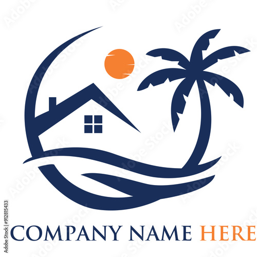travel sea sun hotel beach coconut tree logo