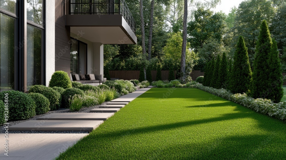 Naklejka premium Tall evergreen trees line the edge of a vibrant green lawn under a clear blue sky, creating a serene and inviting outdoor space next to a contemporary house