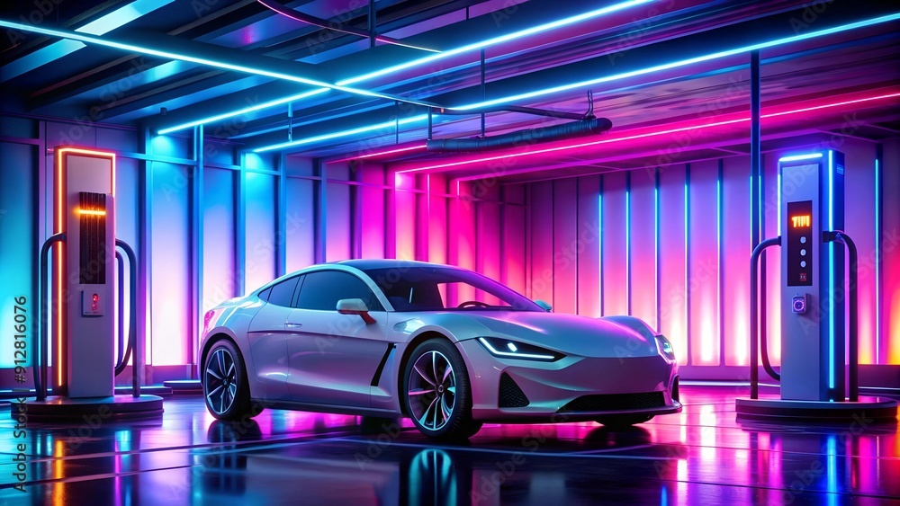 Electric Dreams: A Futuristic Car Charging Under Neon Lights generative AI Electric Dreams: A Futuristic Car Charging Under Neon Lights generative AI