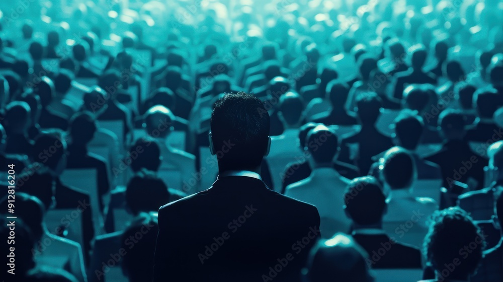 Obraz premium A CEO addressing employees in a company-wide meeting