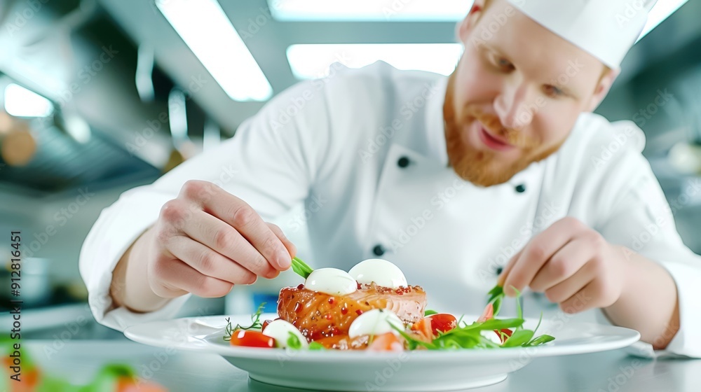 A professional chef carefully plating a gourmet dish in a modern kitchen, showcasing culinary expertise and attention to detail. A professional chef carefully plating a gourmet dish in a modern kitchen, showcasing culinary expertise and attention to detail.