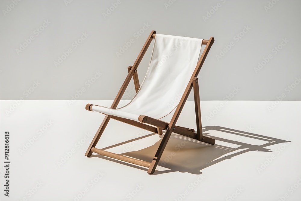 Wooden deck chair with white canvas seat against a plain white background Wooden deck chair with white canvas seat against a plain white background