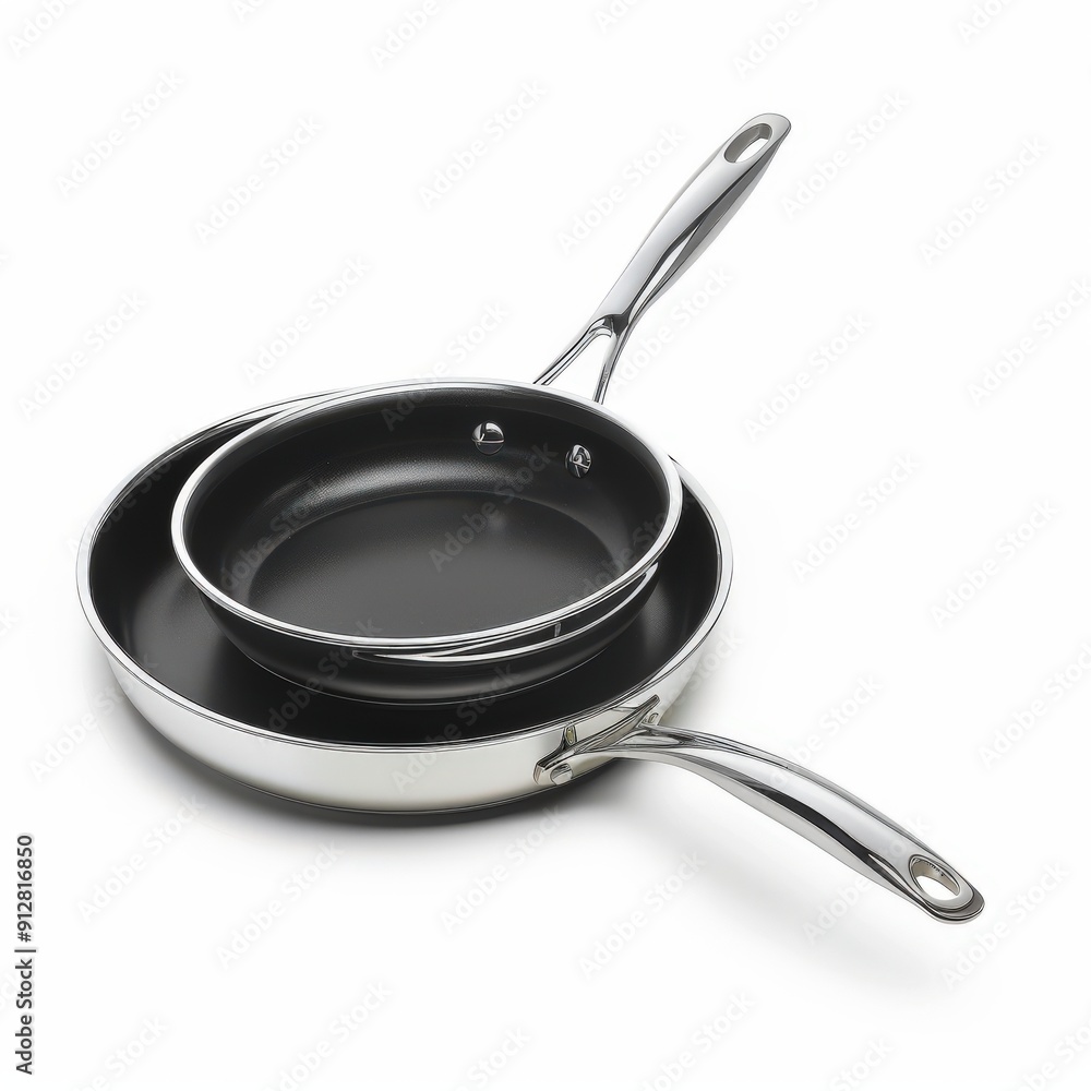 Two stainless steel frying pans, one nested inside the other, on a white background. Two stainless steel frying pans, one nested inside the other, on a white background.