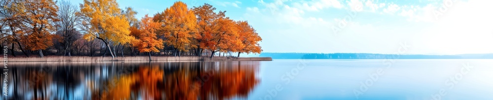 Beautiful autumn landscape with vibrant orange and red trees reflecting in a calm lake under a clear blue sky. Beautiful autumn landscape with vibrant orange and red trees reflecting in a calm lake under a clear blue sky.