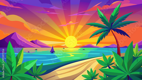 A vibrant and surreal beach scene, featuring large marijuana leaves growing naturally from the sand, vector illustration 