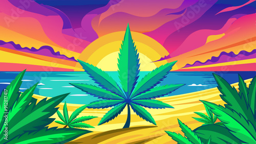 A vibrant and surreal beach scene, featuring large marijuana leaves growing naturally from the sand, vector illustration 