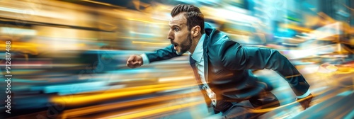 Businessman in suit running at high speed in urban environment, motion blur, representing speed and urgency in professional context.
