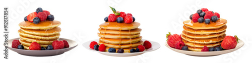 Delicious pancakes stacked high and topped with fresh berries. A perfect breakfast treat for any occasion.