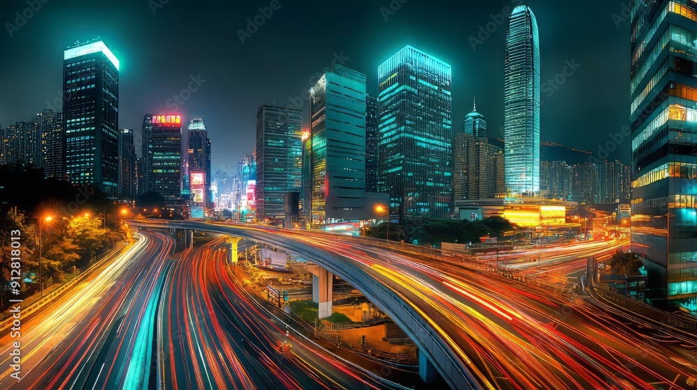An exciting nighttime cityscape with tall skyscrapers and busy streets lit up by traffic lights, producing lengthy exposure light trails. An exciting nighttime cityscape with tall skyscrapers and busy streets lit up by traffic lights, producing lengthy exposure light trails.
