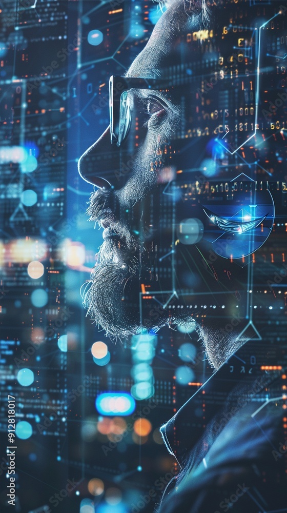 Futuristic profile of a bearded man merged with digital cityscape, illuminated by blue lights and data streams, symbolizing AI integration. Futuristic profile of a bearded man merged with digital cityscape, illuminated by blue lights and data streams, symbolizing AI integration.