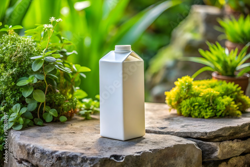 milk carton on stone with plants photo