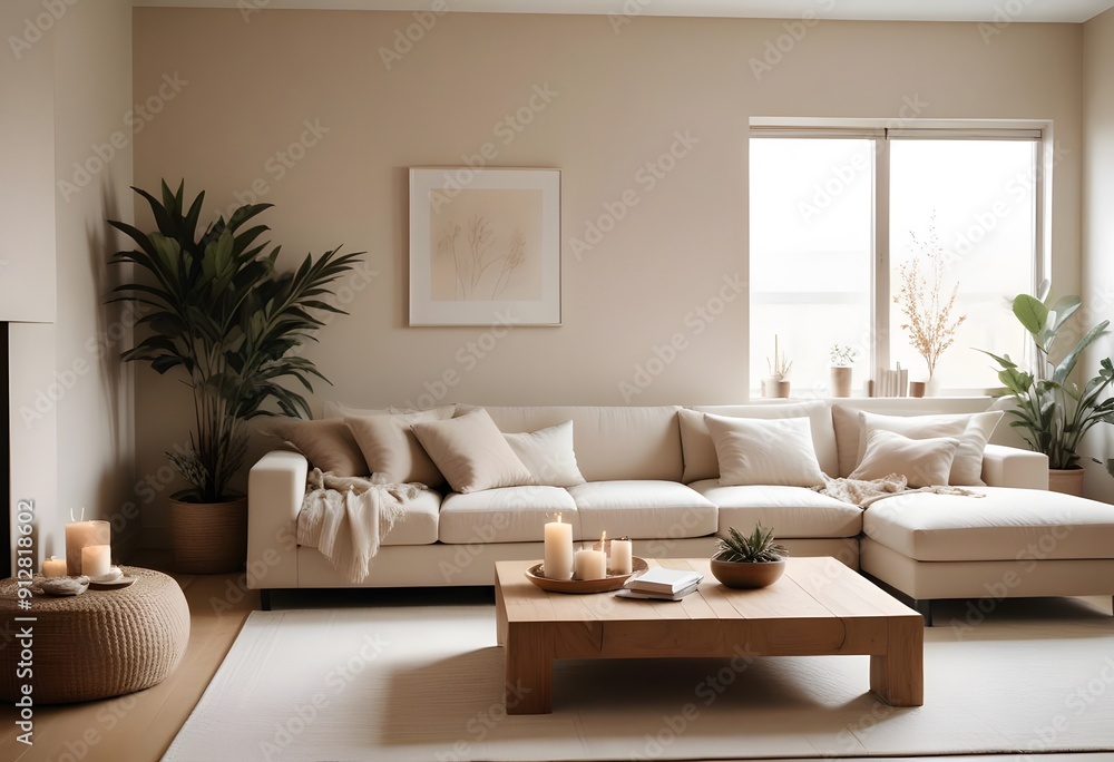 A modern and cozy living room with a large white sectional sofa, a wooden coffee table, and various decorative elements such as plants, candles, and framed artwork on the walls A modern and cozy living room with a large white sectional sofa, a wooden coffee table, and various decorative elements such as plants, candles, and framed artwork on the walls