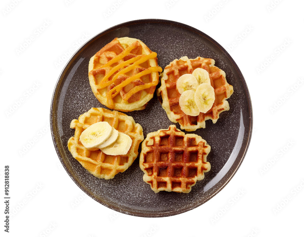 Delicious variety of waffles topped with fruits, served on a textured plate, perfect for breakfast or dessert scenes. Delicious variety of waffles topped with fruits, served on a textured plate, perfect for breakfast or dessert scenes.