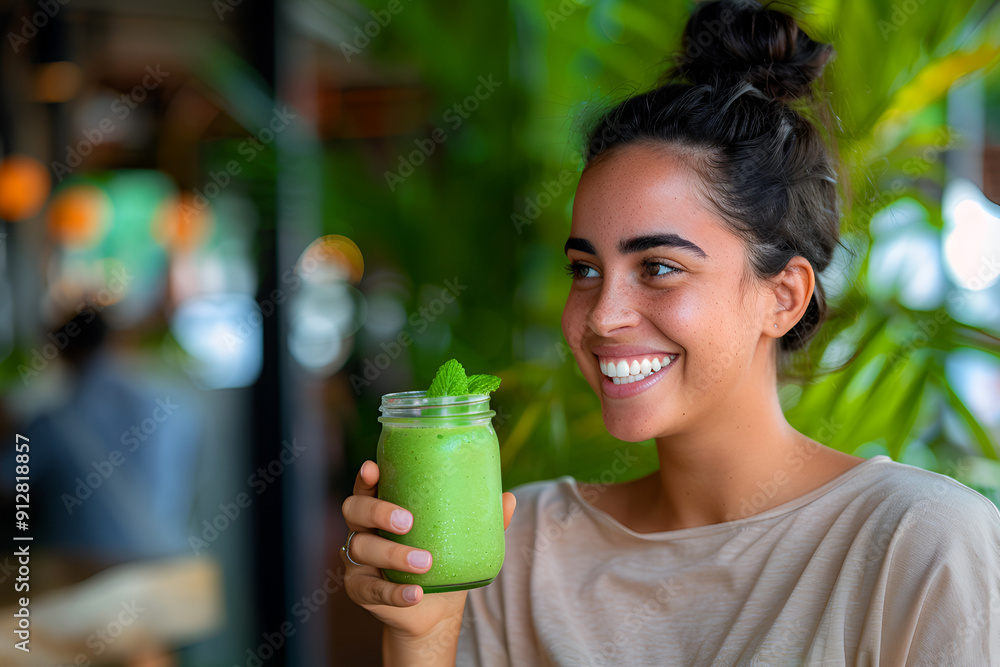 Happy young Hispanic woman with bun hairstyle holding a green smoothie, enjoying the calm and comfort. Healthy lifestyle concept. Happy young Hispanic woman with bun hairstyle holding a green smoothie, enjoying the calm and comfort. Healthy lifestyle concept.