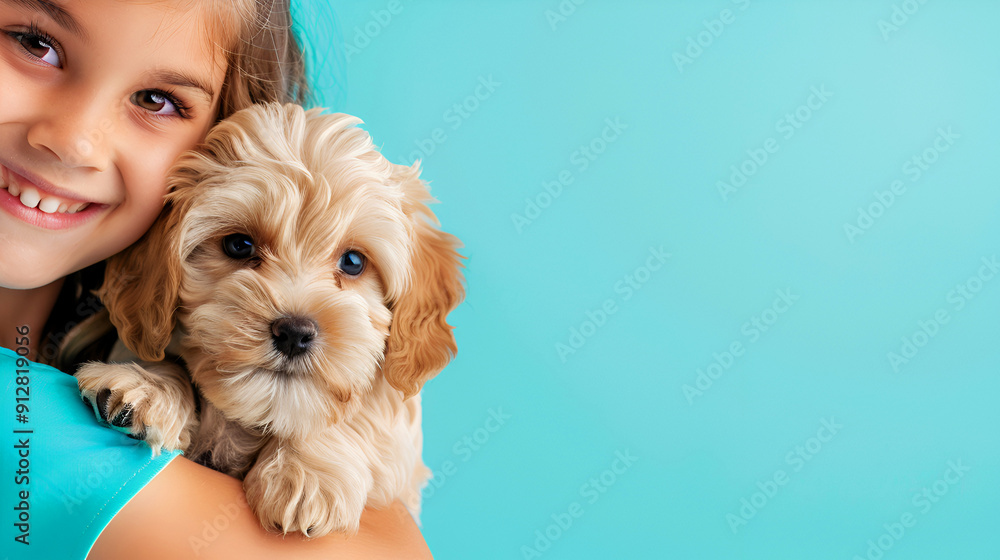 A young girl cuddles with her Maltipoo puppy against a blue background, capturing a moment of pure affection and joy. Banner. Copy space. A young girl cuddles with her Maltipoo puppy against a blue background, capturing a moment of pure affection and joy. Banner. Copy space.