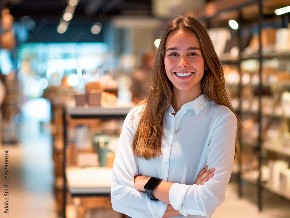 A confident young woman consultant in a store A confident young woman consultant in a store