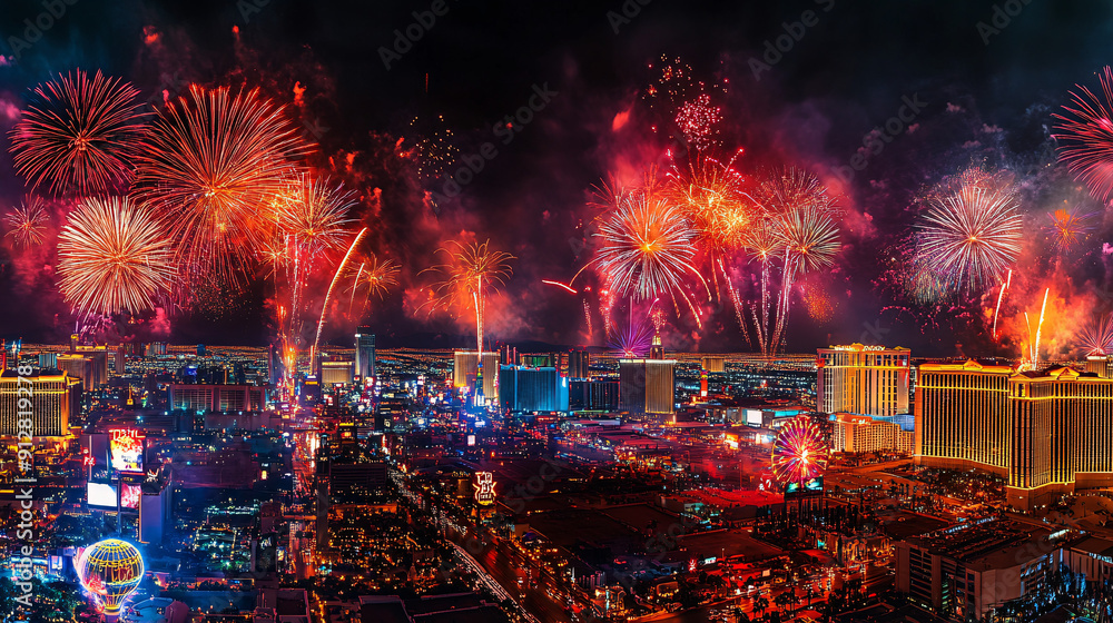 Obraz premium A panoramic view of a grand New Year’s Eve fireworks display over a cityscape, with vibrant colors lighting up the sky and reflecting off the buildings, creating a breathtaking scene for the