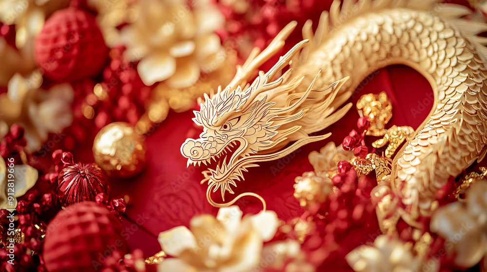A close-up of a Chinese New Year decoration featuring a hand-crafted paper-cut design of a dragon, set against a backdrop of red and gold decorations, symbolizing strength and good fortune for A close-up of a Chinese New Year decoration featuring a hand-crafted paper-cut design of a dragon, set against a backdrop of red and gold decorations, symbolizing strength and good fortune for