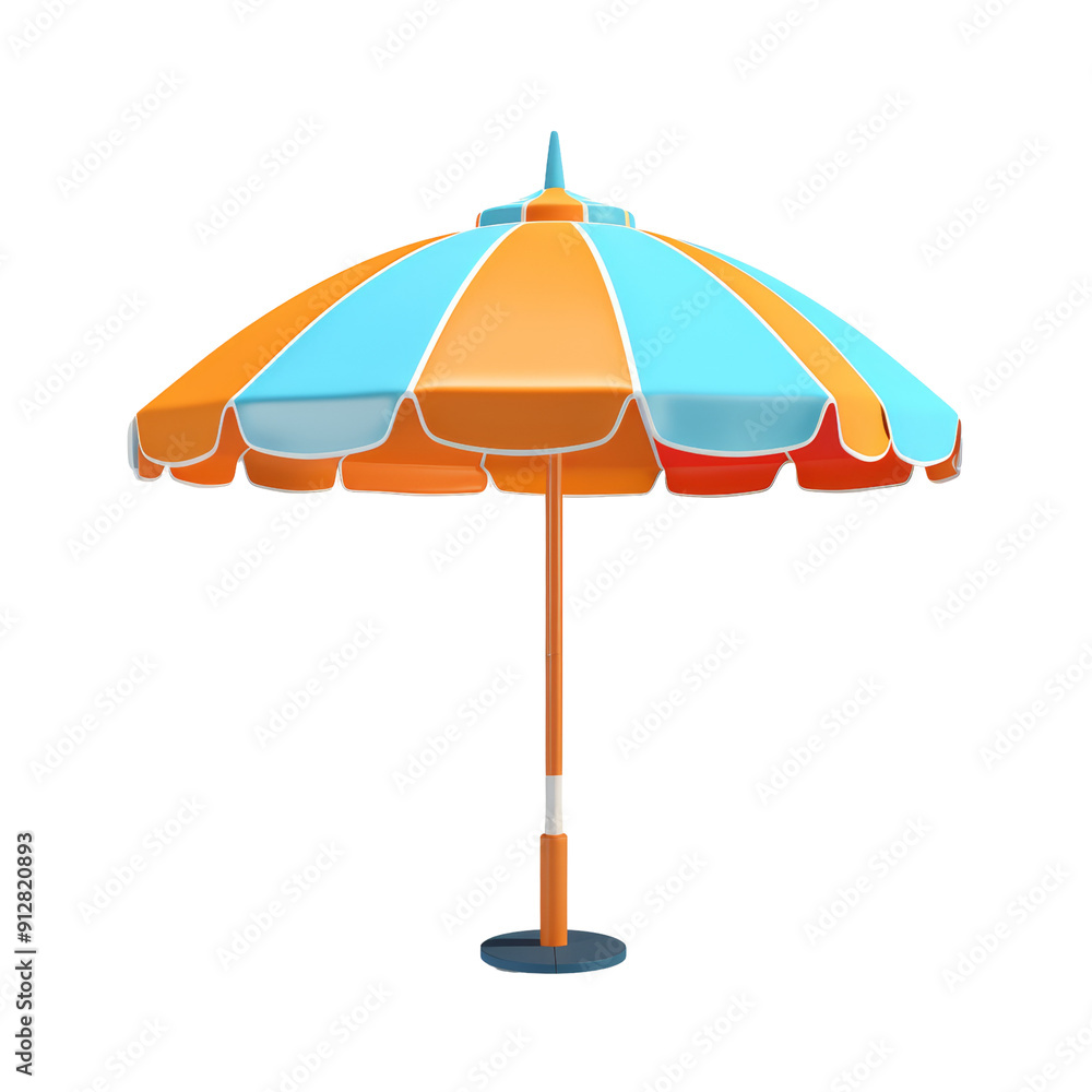 A colorful striped beach umbrella with a blue and orange design, isolated on a transparent background A colorful striped beach umbrella with a blue and orange design, isolated on a transparent background