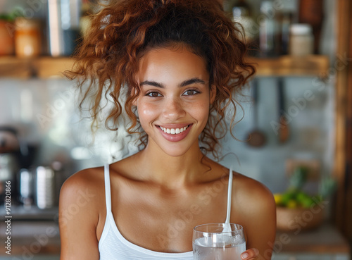 Photo of beautiful latin woman holding a glass of water and laughing. Strething trainer photo