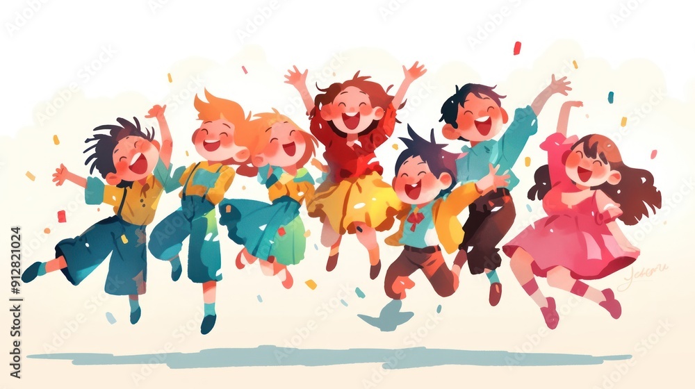 Abstract design of a group of children jumping in the air, smiling and wearing colorful clothes. Cute design with colorful colors is attractive for children Abstract design of a group of children jumping in the air, smiling and wearing colorful clothes. Cute design with colorful colors is attractive for children
