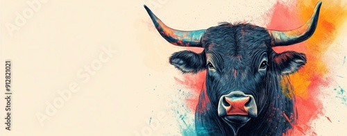 An illustration of a bull on a plain background, space for text, indicated as bull market, investors celebrating, stock gains. photo