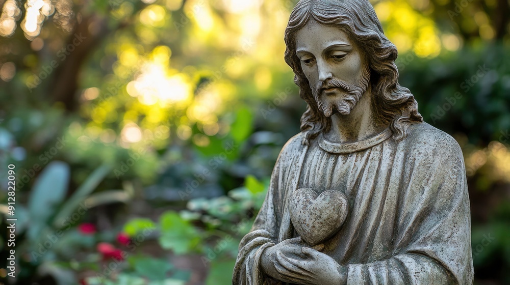 Stone Statue of Jesus Holding a Heart in a Garden Stone Statue of Jesus Holding a Heart in a Garden