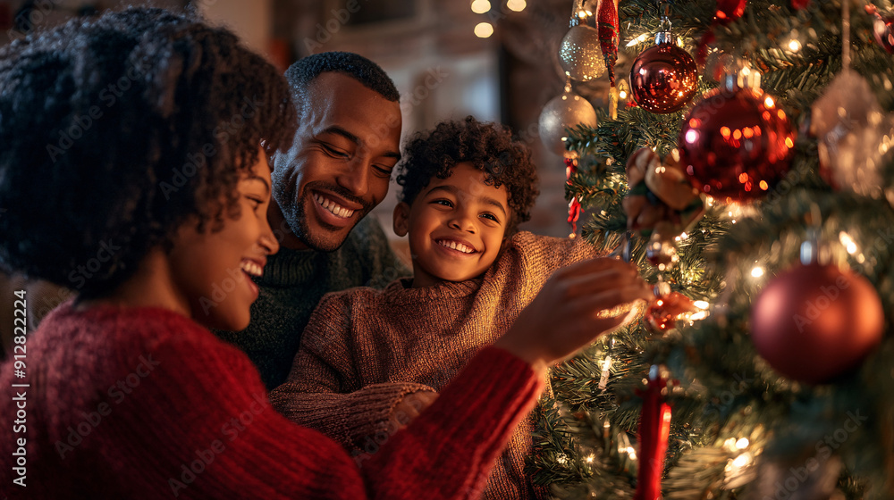 A family gathered around a Christmas tree, decorating it with ornaments and lights, with smiles and laughter evident, creating a joyful and heartwarming scene for the Christmas Celebration A family gathered around a Christmas tree, decorating it with ornaments and lights, with smiles and laughter evident, creating a joyful and heartwarming scene for the Christmas Celebration