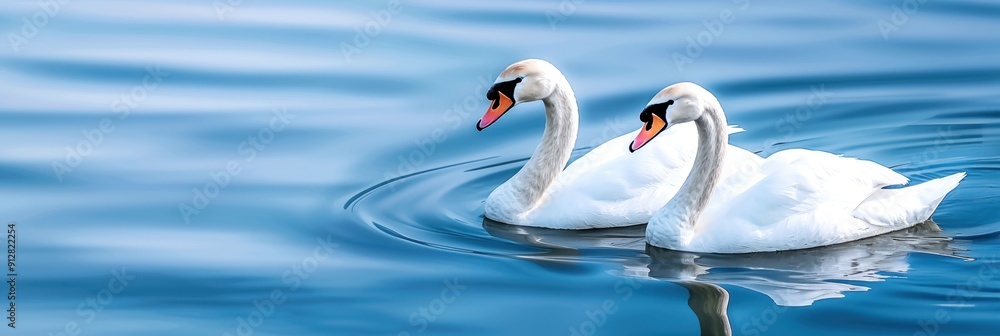 Fototapeta premium Two graceful swans swimming together on a tranquil lake with crystal clear, calm blue water reflecting the serene beauty of nature.