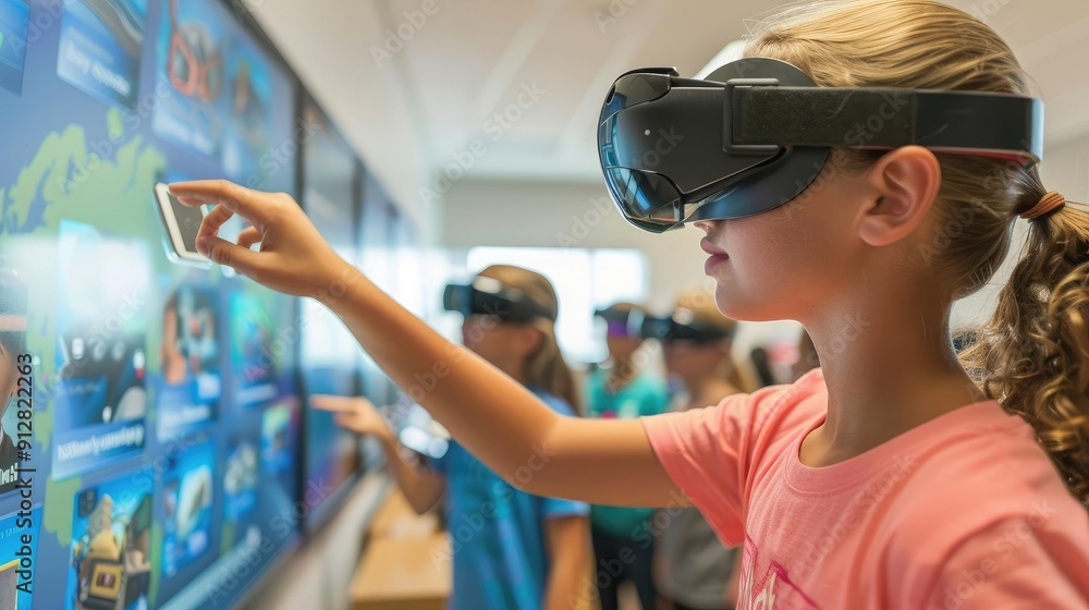 A young girl engages with a virtual reality display, exploring digital content in an immersive learning environment.