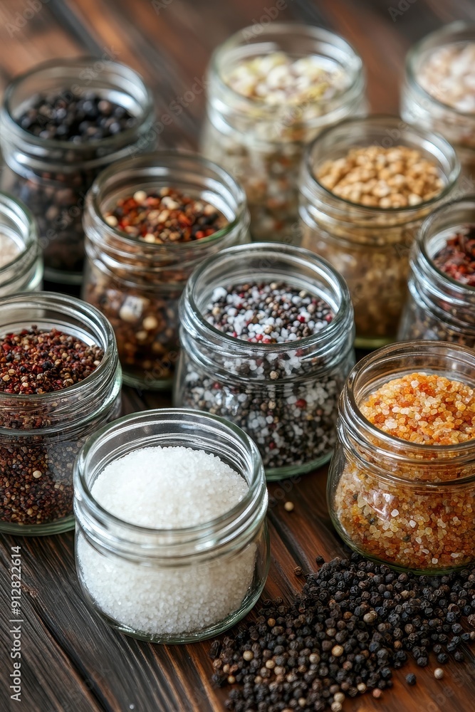 Various salt and pepper varieties in glass jars on wood Various salt and pepper varieties in glass jars on wood