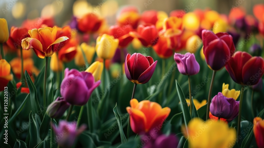 Colorful tulips in a field, vibrant red, yellow, purple, and orange blooms. Colorful tulips in a field, vibrant red, yellow, purple, and orange blooms.