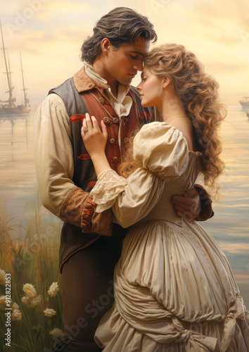 Romantic couple dressed in vintage attire embrace by a serene waterfront at sunset, perfect for book covers, romance novels, historical themed content, and Valentine's Day cards,