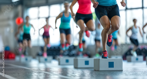 Group Fitness Class with Energetic Participants Engaging in High-Intensity Interval Training in a Modern Gym