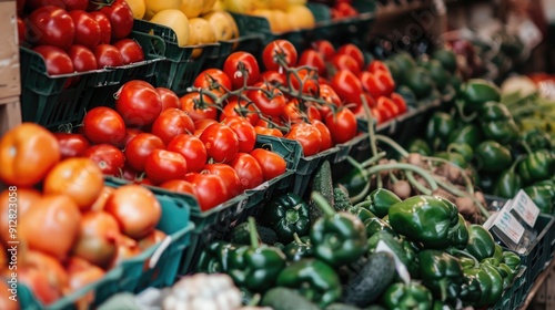 Food Market: Fresh Organic Vegetables at Colorful Farmers Market Counter