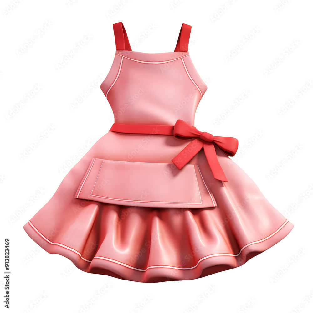 Pink ruffled apron with red ribbon and bow isolated on transparent background cutout, PNG file Pink ruffled apron with red ribbon and bow isolated on transparent background cutout, PNG file