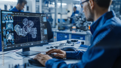 Engineer using CAD software to design mechanical parts, technical workspace Accurate and detailed, creative and reliable, engineering innovation