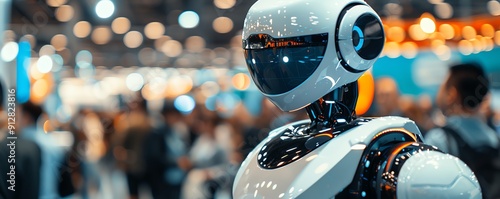 Humanoid robot interacting with people at a tech expo, futuristic environment Advanced and engaging, innovative and sophisticated, humanrobot interaction photo