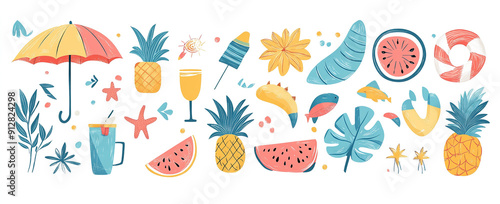 Tropical Bitmaps: Hand-Drawn Abstract Summer Motifs Vector Set, Ready for Trendy and Colorful Artwork Creations
