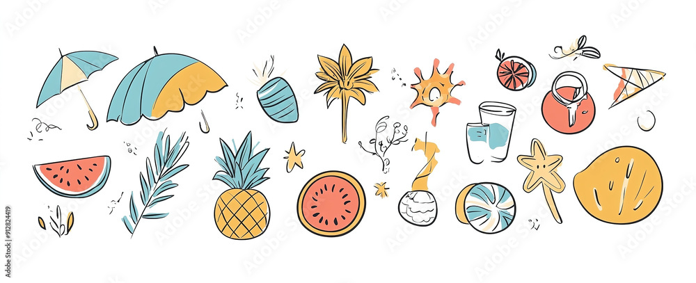 Fototapeta premium Seaside Playfuls: Hand-Drawn Vector Art Featuring Summer Symbols and Elements, Perfect for Vibrant Design Projects