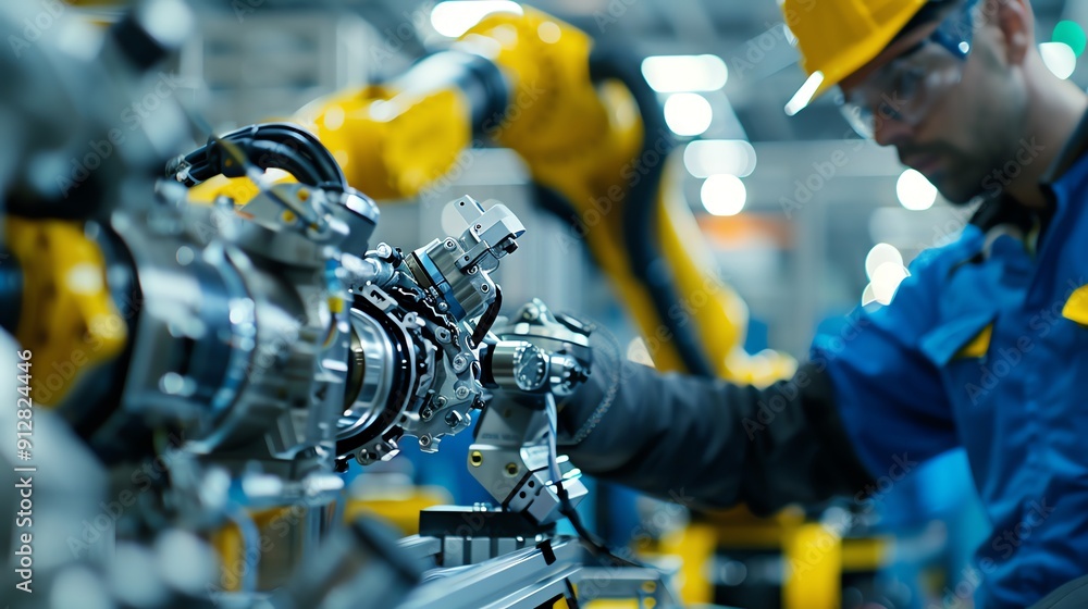 Mechanic inspecting a robotic arm, hightech manufacturing Advanced and precise, innovative and reliable, automation maintenance Mechanic inspecting a robotic arm, hightech manufacturing Advanced and precise, innovative and reliable, automation maintenance